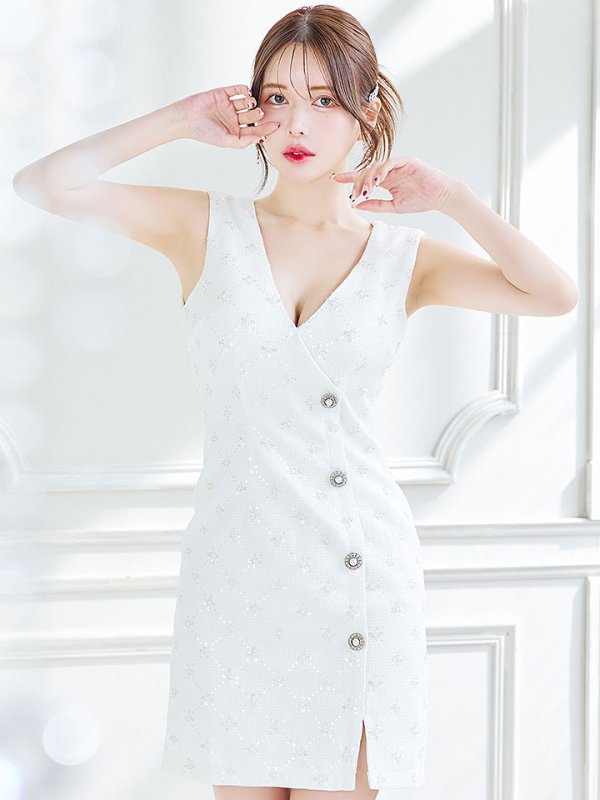 画像4: ノースリーブドレス/パール/ビジュー/ボタン/谷間見せ/背中隠し/ミニドレス/キャバドレス【XS-Lサイズ/2カラー】[OF03-X]