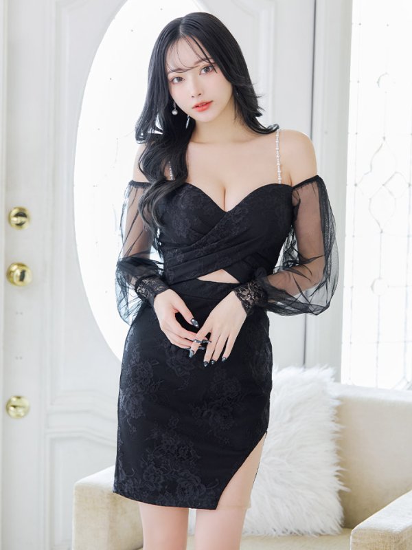 画像4: ビジューキャミソールオフショルダードレス/ロングスリーブ/谷間見せ/ミニドレス/キャバドレス【XS-Lサイズ/2カラー】[OF03]【YN】dzwc