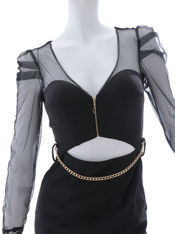 画像20: カットアウトロングドレス/シアー/長袖/谷間見せ/背中隠し/ワンカラー/フロントジップ/ロングドレス/キャバドレス 【S-XLサイズ/2カラー】[OF03] 【YN】dzw