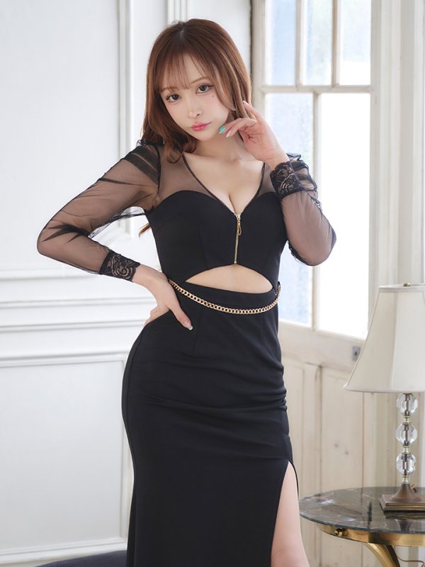 画像3: カットアウトロングドレス/シアー/長袖/谷間見せ/背中隠し/ワンカラー/フロントジップ/ロングドレス/キャバドレス 【S-XLサイズ/2カラー】[OF03] 【YN】dzw