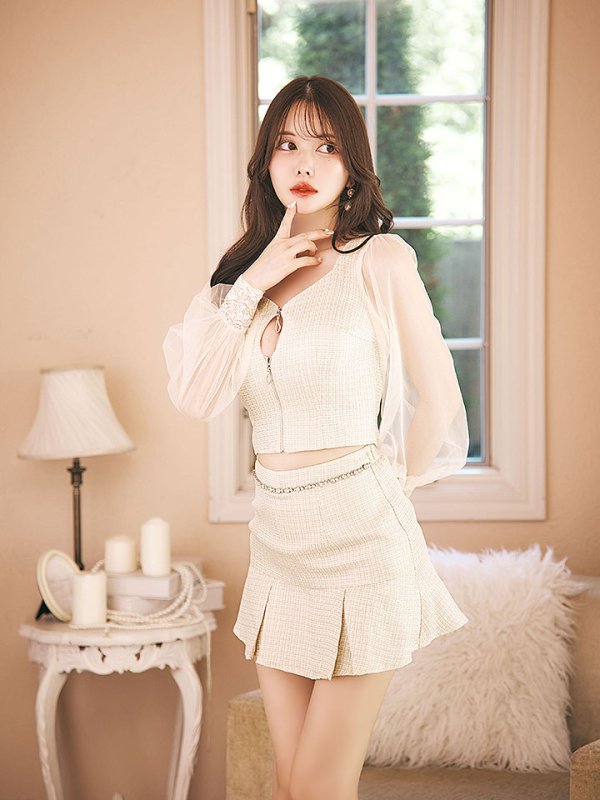 画像10: 【送料無料!】 ツイードセットアップドレス/2ピース/ビジュー/チュール袖/谷間見せ/背中隠し/ミニドレス/キャバドレス【XS-Lサイズ/1カラー】[OF03] 【YN】dzwv