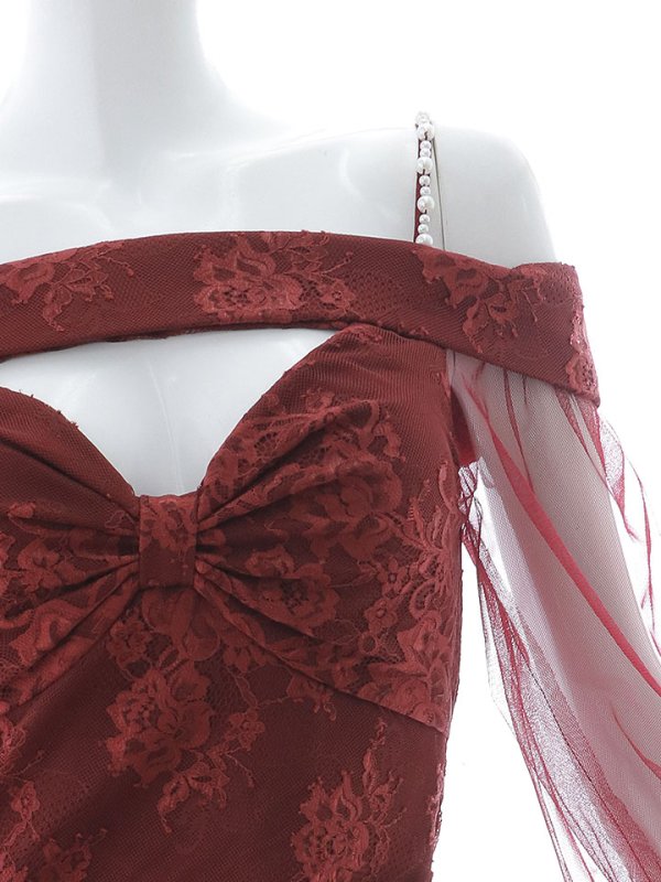 画像20: 【送料無料!】花柄刺繍レースドレス/キャミソール/パール/チュール袖/谷間見せ/背中隠し/シアースリット/透け感/ミニドレス/キャバドレス【XS-XLサイズ/2カラー】[OF03] 【YN】