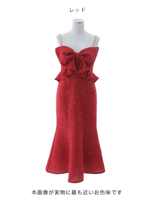 画像14: 【送料無料!】ツイードミディアムドレス/リボン/ビジュー/キャミソール/マーメイドスカート/谷間見せ/背中見せ【S-Mサイズ/1カラー】[OF03]