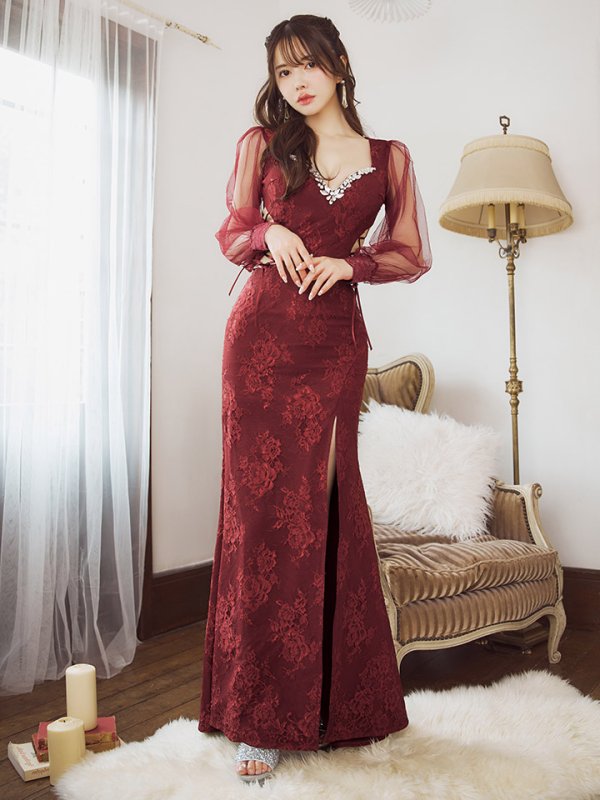 画像5: 【送料無料!】刺繍チュールスリーブロングドレス/チュール袖/刺繍/レースアップ/シアー/スリット/透け/谷間見せ/背中隠し/ロングドレス/キャバドレス【S-Lサイズ/4カラー】[OF03] 【YN】dzj