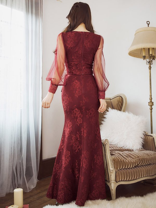 画像9: 【送料無料!】刺繍チュールスリーブロングドレス/チュール袖/刺繍/レースアップ/シアー/スリット/透け/谷間見せ/背中隠し/ロングドレス/キャバドレス【S-Lサイズ/4カラー】[OF03] 【YN】dzj