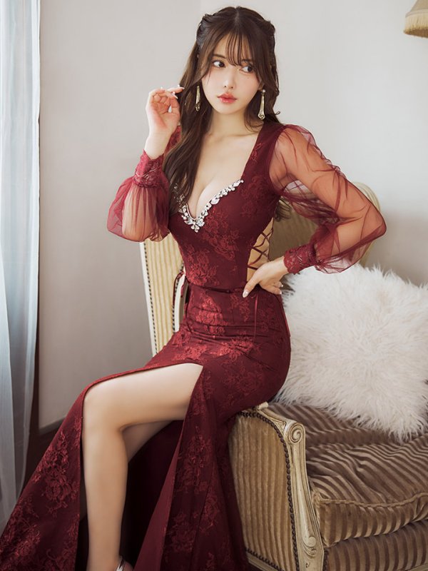 画像19: 【送料無料!】刺繍チュールスリーブセットアップロングドレス/チュール袖/刺繍/レースアップ/シアー/スリット/透け/谷間見せ/背中隠し/ロングドレス/キャバドレス【S-Lサイズ/4カラー】[OF03] 【YN】dzj