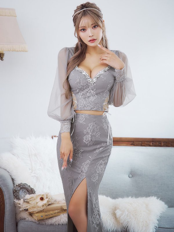 画像11: 【送料無料!】刺繍チュールスリーブロングドレス/チュール袖/刺繍/レースアップ/シアー/スリット/透け/谷間見せ/背中隠し/ロングドレス/キャバドレス【S-Lサイズ/4カラー】[OF03] 【YN】dzj