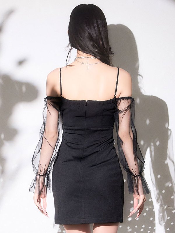 画像6: チェーンキャミソールドレス/チュール袖/肩出し/透け感/谷間見せ/背中見せ/ミニドレス/キャバドレス【XS-Lサイズ/1カラー】[OF03] 【YN】dzwz