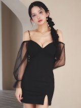 チェーンキャミソールチュール袖ミニドレス/キャバドレス【XS-Lサイズ/1カラー】[OF03] 【YN】dzwz