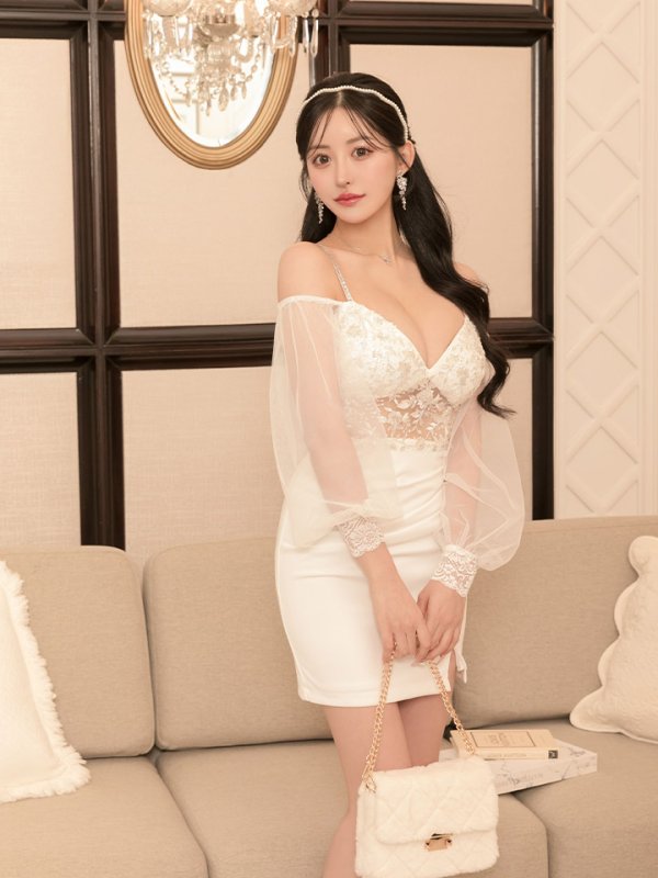 画像9: 【送料無料！】 刺繍スパンコールオフショルミニドレス/チュール袖/レース/キャミ/タイト/谷間見せ/背中見せ/ミニドレス/キャバドレス【XS-Lサイズ/1カラー】[OF03]【YN】dzj