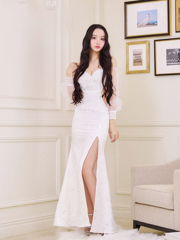 画像3: 【送料無料！】刺繍スパンコールドレス/パール/キャミ/チュール/スリット/谷間見せ/背中見せ/ロングドレス/キャバドレス【S-Lサイズ/2カラー】[OF03] 【YN】dzc