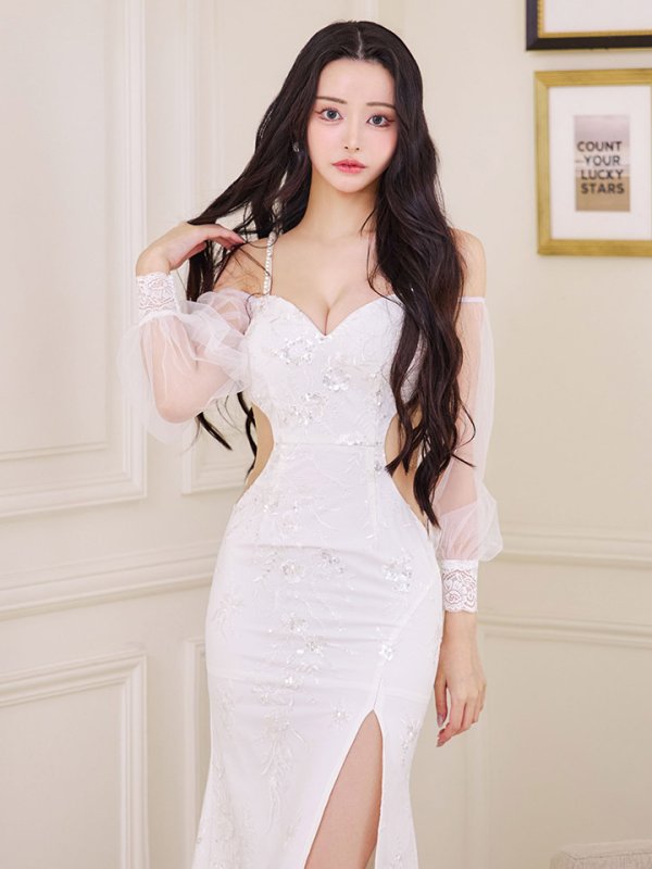 画像11: 【送料無料！】刺繍スパンコールドレス/パール/キャミ/チュール/スリット/谷間見せ/背中見せ/ロングドレス/キャバドレス【S-Lサイズ/2カラー】[OF03] 【YN】dzc