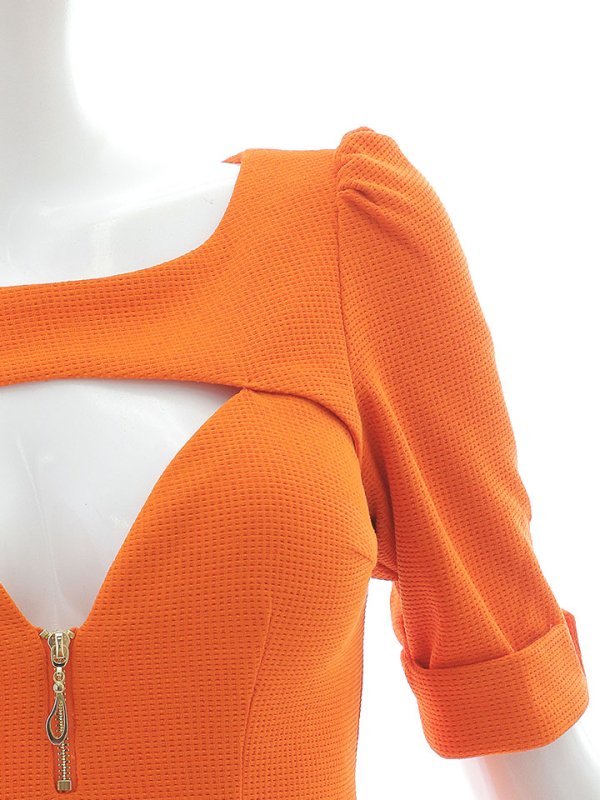 画像15: ワッフルテラコッタドレス/ジップアップ/ボリューム袖/オープンカット/谷間見せ/背中隠し/ミニドレス/キャバドレス【XS-XLサイズ/1カラー】[OF03] 【YN】dzwg