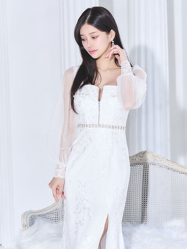 画像11: 【送料無料！】花柄刺繍レースドレス/ジップアップ/ビジュー/パール/チュール袖/谷間見せ/背中隠し/ロングドレス/キャバドレス【S-Lサイズ/2カラー】[OF03] 【YN】dzj