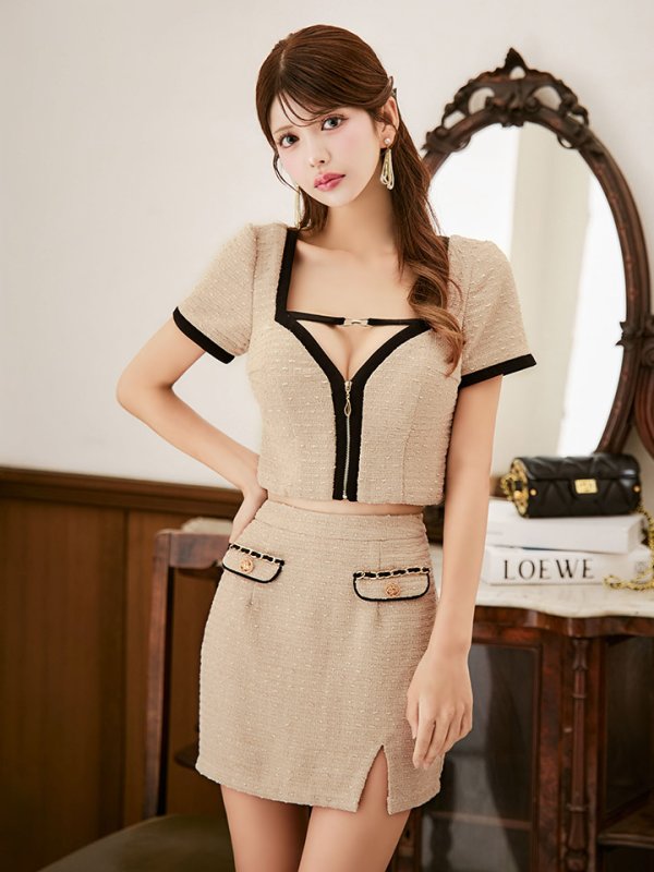 画像3: 送料無料！バイカラーツイードセットアップ/半袖/パイピング/ボタン/ジップアップ/タイト/谷間見せ/背中隠し/ミニドレス/キャバドレス【XS-Lサイズ/1カラー】[OF03] 【YN】dzwe【一部予約商品/2月上旬発送予定】