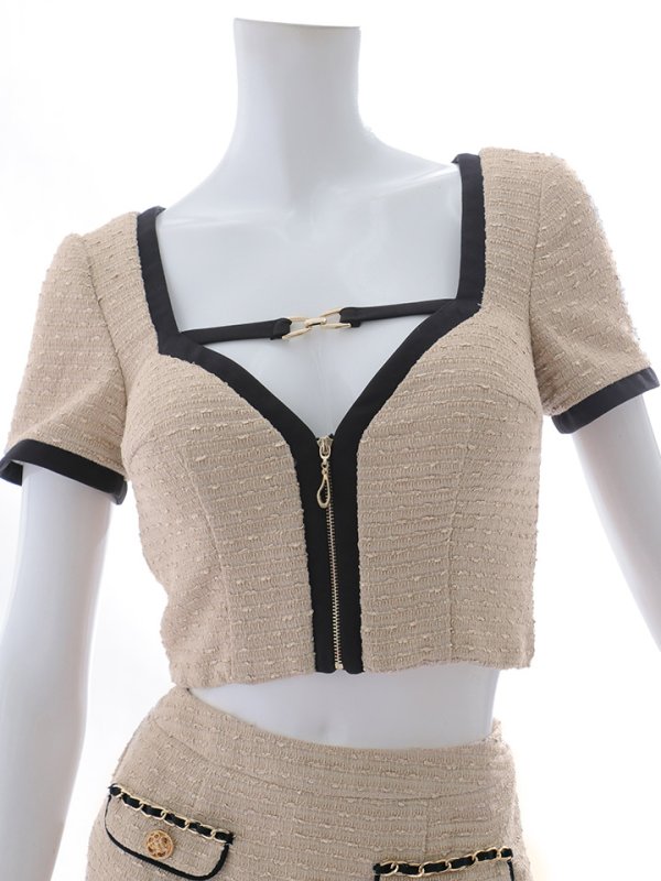 画像16: 送料無料！バイカラーツイードセットアップ/半袖/パイピング/ボタン/ジップアップ/タイト/谷間見せ/背中隠し/ミニドレス/キャバドレス【XS-Lサイズ/1カラー】[OF03] 【YN】dzwe【一部予約商品/2月上旬発送予定】