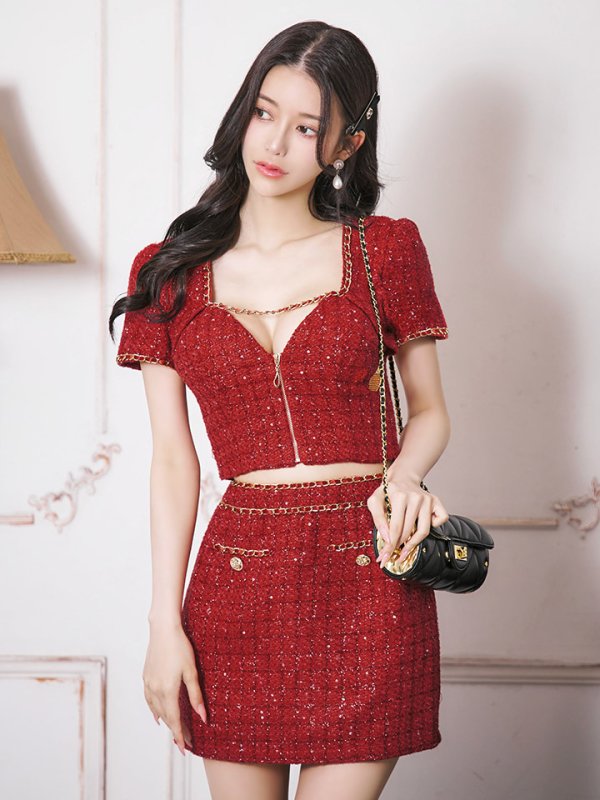 画像4: 【送料無料！】ツイードセットアップ/半袖/チェーン/ボタン/ジップアップ/タイト/谷間見せ/背中隠し/ミニドレス/キャバドレス【XS-Mサイズ/2カラー】[OF03] 【YN】dzwv