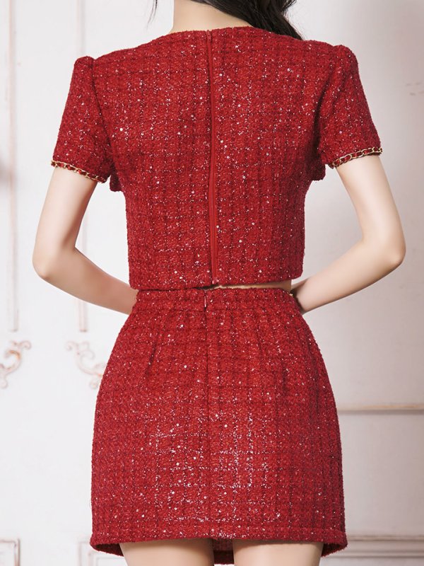 画像7: 【送料無料！】ツイードセットアップ/半袖/チェーン/ボタン/ジップアップ/タイト/谷間見せ/背中隠し/ミニドレス/キャバドレス【XS-Mサイズ/2カラー】[OF03] 【YN】dzwv