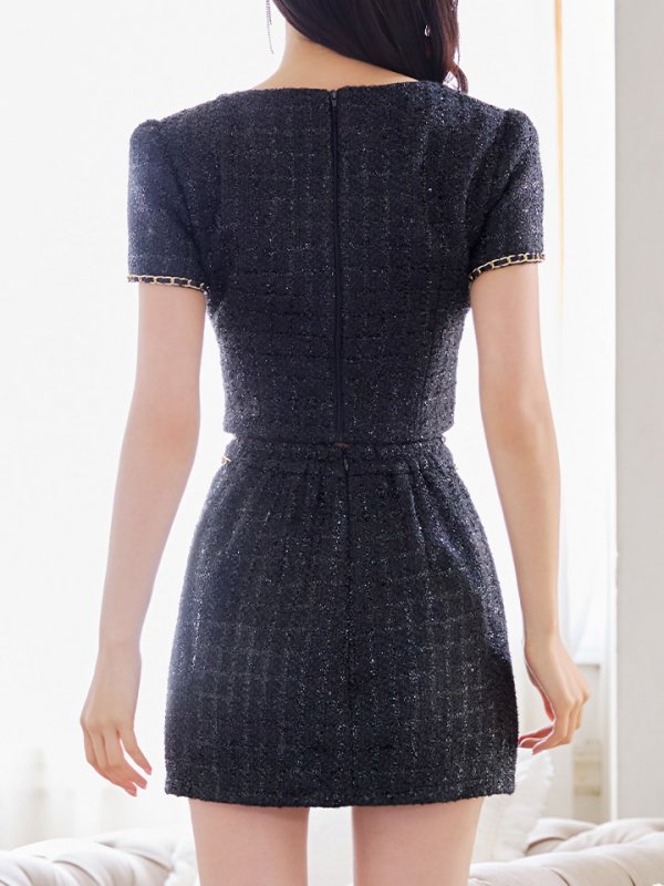 画像7: 【送料無料！】ツイードセットアップ/半袖/チェーン/ボタン/ジップアップ/タイト/谷間見せ/背中隠し/ミニドレス/キャバドレス【XS-Mサイズ/2カラー】[OF03] 【YN】dzwv