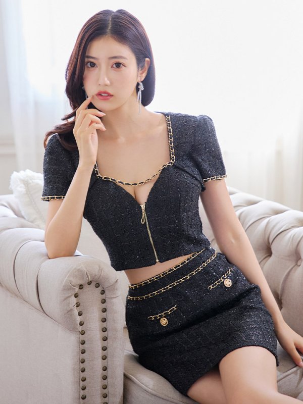 画像14: 【送料無料！】ツイードセットアップ/半袖/チェーン/ボタン/ジップアップ/タイト/谷間見せ/背中隠し/ミニドレス/キャバドレス【XS-Mサイズ/2カラー】[OF03] 【YN】dzwv