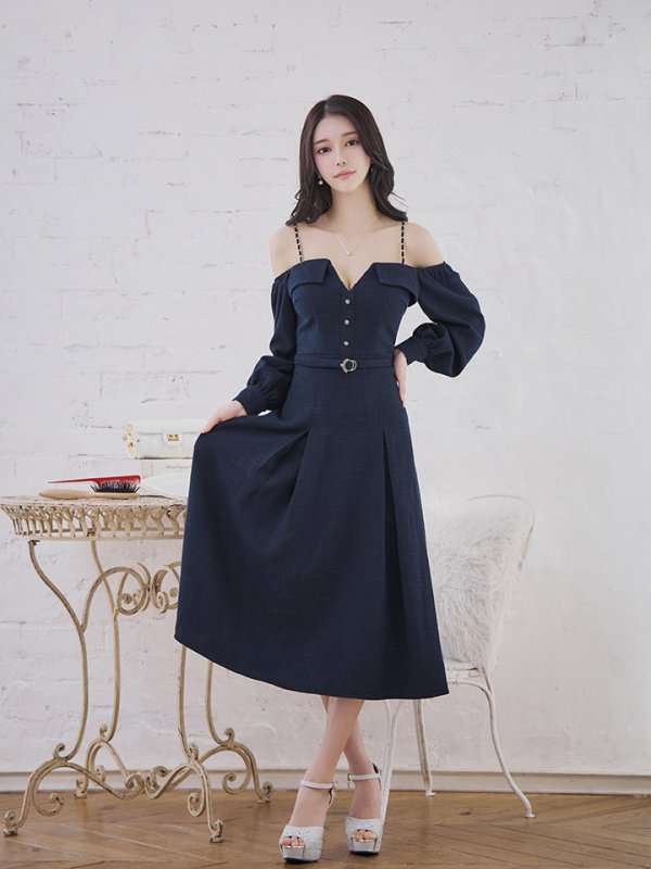 画像3: 【送料無料！】【sifeel/シフィール】ロングスリーブワンピースドレス/ツイード/襟付き/ベルト/ミディアムドレス/キャバドレス【S-Lサイズ/2カラー】[OF03] 【YN】dzj