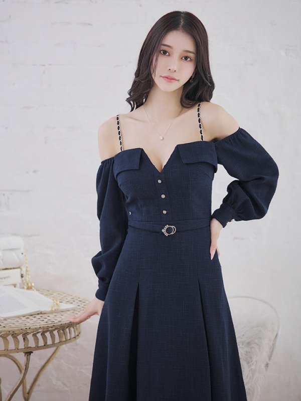 画像4: 【送料無料！】【sifeel/シフィール】ロングスリーブワンピースドレス/ツイード/襟付き/ベルト/ミディアムドレス/キャバドレス【S-Lサイズ/2カラー】[OF03] 【YN】dzj