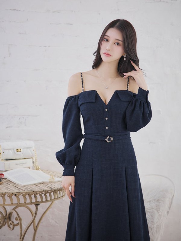 画像13: 【送料無料！】【sifeel/シフィール】ロングスリーブワンピースドレス/ツイード/襟付き/ベルト/ミディアムドレス/キャバドレス【S-Lサイズ/2カラー】[OF03] 【YN】dzj