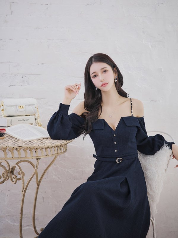 画像14: 【送料無料！】【sifeel/シフィール】ロングスリーブワンピースドレス/ツイード/襟付き/ベルト/ミディアムドレス/キャバドレス【S-Lサイズ/2カラー】[OF03] 【YN】dzj