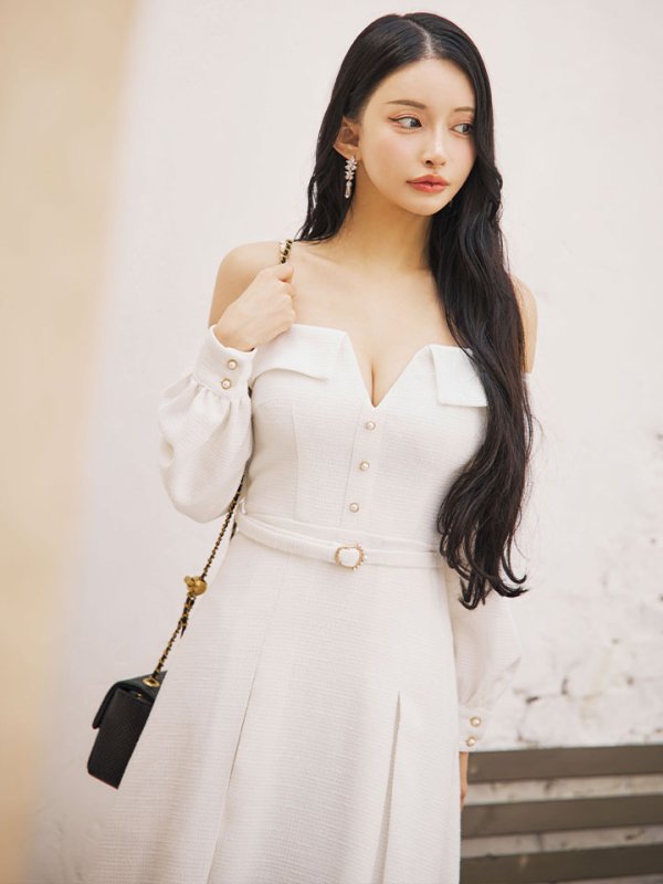 画像8: 【送料無料！】【sifeel/シフィール】ロングスリーブワンピースドレス/ツイード/襟付き/ベルト/ミディアムドレス/キャバドレス【S-Lサイズ/2カラー】[OF03] 【YN】dzj