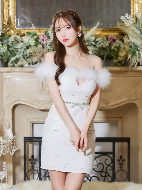 画像10: 【送料無料！】 ファーオフショルビジュードレス/リボン/キャミ/谷間見せ/背中見せ/タイト/ミニドレス/キャバドレス【XS-Lサイズ/1カラー】[OF03] 【YN】dzw【一部予約商品/2月中旬発送予定】