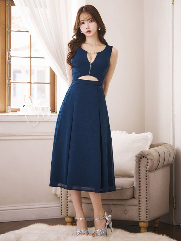 画像3: 【sifeel/シフィール】シフォンフレアワンピース/ノースリーブ/ジップアップ/チェック/谷間見せ/背中隠し/ミディアムドレス/キャバドレス【S-Lサイズ/1カラー】[OF03] 【YN】dzw