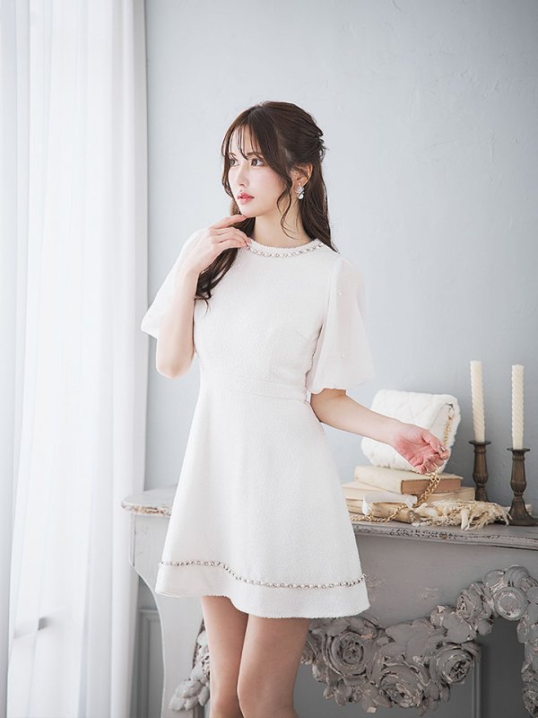 画像10: 【ポッキリセール！】ツイードミニワンピースドレス/フレアー/パール/ビジュー/フリル袖/胸元隠し/背中隠し/ミニドレス/キャバドレス【XS-Mサイズ/1カラー】[OF03] 【YN】dzks