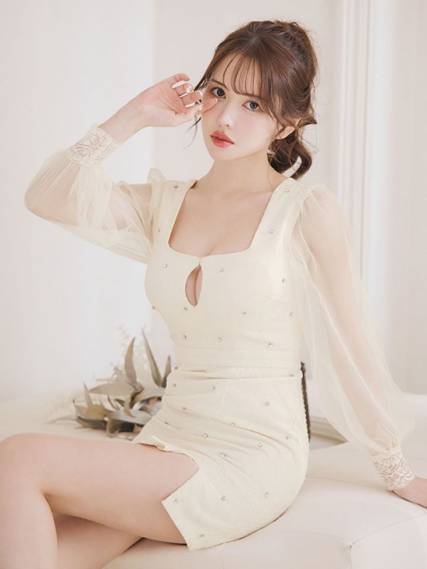 画像18: 【送料無料!】シアースリーブツイードドレス/ロングスリーブ/ビジュー /サイドスリット/谷間見せ/ミニドレス/キャバドレス【XS-XLサイズ/カラー】[OF03]【YN】dzku