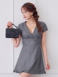 襟付き/Vネック/パイピング/半袖/ベルト/プリーツ/スーツ生地/無地/ミニドレス/キャバドレス【S-Mサイズ/1カラー】[OF03] 【YN】dzwAG