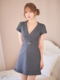 襟付き/Vネック/パイピング/半袖/ベルト/プリーツ/スーツ生地/無地/ミニドレス/キャバドレス【S-Mサイズ/1カラー】[OF03] 【YN】dzwAG