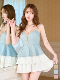 送料無料！フロントジップ/キャミソール/２段フリル/ティアード/ミニドレス/キャバドレス【XS-Mサイズ/3カラー】[OF03]【YN】【一部予約商品/6月中旬発送予定】dzjv