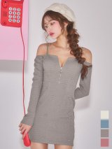 新色登場!オフショル/ロングスリーブ/フロントジップ/リボンビジュー/ストレッチ/無地/タイト/ミニドレス/キャバドレス【XS-Lサイズ/4カラー】[OF03]【YN】dzwBF