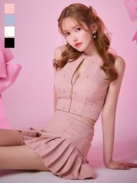 【即日発送】送料無料！フロントジップ/アメスリ/ビジュー/プリーツ/Aライン/ツイード/セットアップ/ミニドレス/キャバドレス【XS-Mサイズ/4カラー】[OF03]【YN】dzwvAG