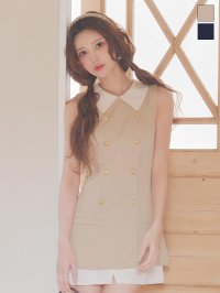 襟付き/ストライプ/ノースリーブ/スーツ生地/ボタン/プリーツスカート/ミニドレス/キャバドレス【XS-Mサイズ/2カラー】[OF03]【YN】dzyuIA