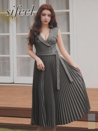 【sifeel/シフィール】襟付き/ビジュー/トレンチ/テーラード/ベルト/ノースリーブ/プリーツスカート/ワンピース/ロングドレス/キャバドレス【S-Mサイズ/2カラー】[OF03] 【YN】dzwvLD