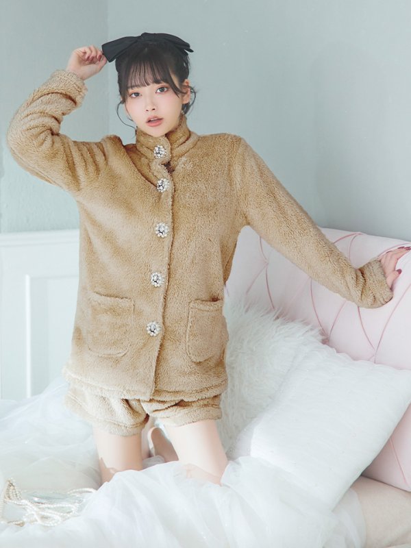 画像3: 【SALE】【ルームウェア】もこもこ/ パールボタン/ ハイネック/ 長袖/ ポケット付き/ パンツ/ セットアップ/ ルームウエア[HC02]