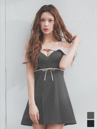 送料無料！オフショル/キャミソール/谷間見せ/ウエストリボン/無地/プリーツスカート/Aライン/ミニドレス/キャバドレス【XS-Mサイズ/2カラー】[OF03]【YN】dzwsSK