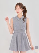 送料無料！襟付き/ストライプ/ジップデザイン/ビジュー/ノースリーブ/プリーツスカート/Aライン/ミニドレス/キャバドレス【XS-Lサイズ/2カラー】[OF03]【YN】dzmvIA