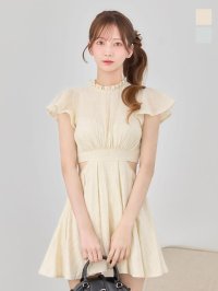 送料無料！襟付き/シアー/ハイネック/ウエストカット/ギャザー/シフォン/ワッフル生地/プリーツスカート/Aライン/ミニドレス/キャバドレス【XS-Lサイズ/2カラー】[OF03]【YN】dzmvIA