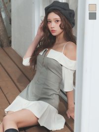 送料無料！フロントジップ/キャミソール/オフショル/半袖/プリーツ/ミニスカート【XS-Lサイズ/2カラー】[OF03]【YN】dzjvAG