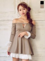 送料無料！2WAY/肩紐取り外し可/オフショル/ロングスリーブ/ビジュー/谷間見せ/フレア/ミニドレス/キャバドレス【XS-Mサイズ/2カラー】[OF03]ひめか(名古屋・錦)着用【YN】dzwvBF