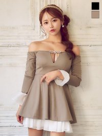 送料無料！2WAY/肩紐取り外し可/オフショル/ロングスリーブ/ビジュー/谷間見せ/フレア/ミニドレス/キャバドレス【XS-Mサイズ/2カラー】[OF03]ひめか(名古屋・錦)着用【YN】dzwvBF