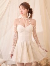 送料無料！オフショル/ロングスリーブ/レース/シアー/リボン/フリル/谷間見せ/ミニドレス/キャバドレス/6105YNdzwvBF【XS-Mサイズ/1カラー】[OF03]【YN】dzwvBF