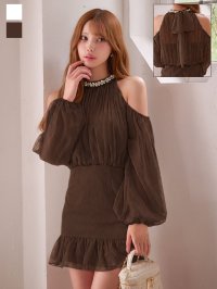 オフショル/長袖/バルーンスリーブ/アメスリ/胸閉じ/ギャザー/シフォン生地/マーメイド/ワンピース/ミニドレス/キャバドレス【S-Mサイズ/2カラー】[OF03]るりぴ着用【YN】dzquIA【予約商品/10月下旬発送予定】