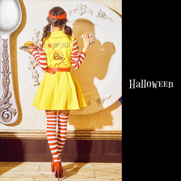 画像4: 【SALE!!】【即日発送】ハンバーガーショップガール/ウェイトレスコスプレ/フレアスカート/ロングスリーブ/Aライン【ハロウィン3点セット】【S-XLサイズ/1カラー】(B017SB/STEE07R)[HC02]